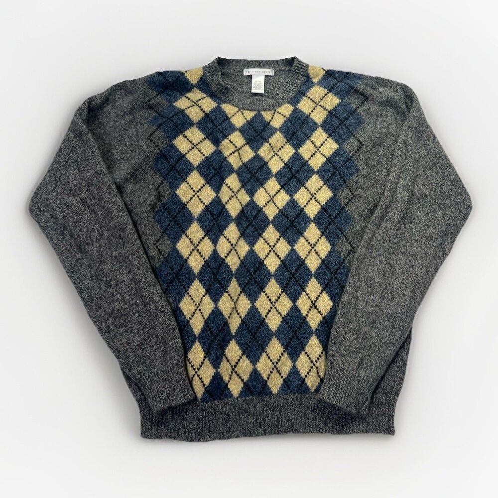 Grandpacore Lambswool Argyle Sweater Mens XL Geoffrey Beene Gray Crewneck Preppy